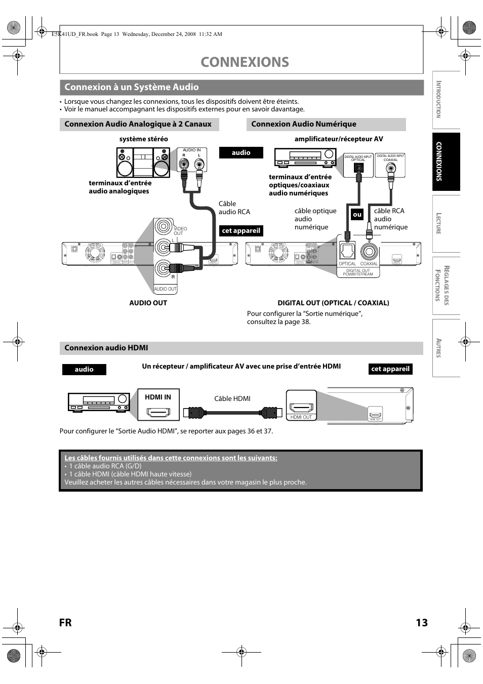 Connexion à un système audio, Connexions, 13 fr | Connexio n audio hdmi, Co nnexions l | Sylvania NB531SLX User Manual | Page 65 / 150