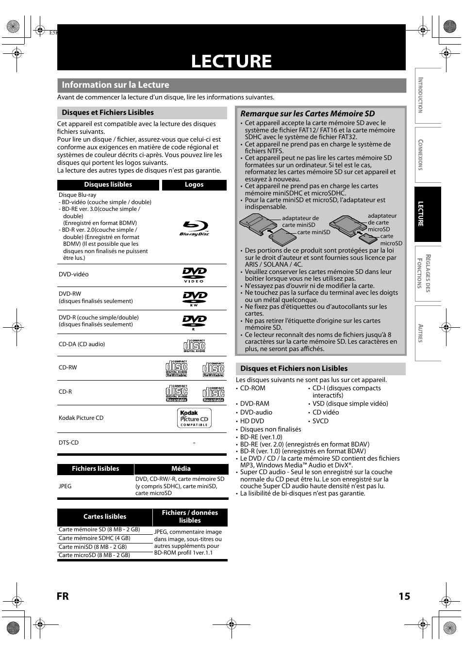 Lecture, Information sur la lecture, 15 fr | Remarque sur les cartes mémoire sd | Sylvania NB531SLX User Manual | Page 67 / 150