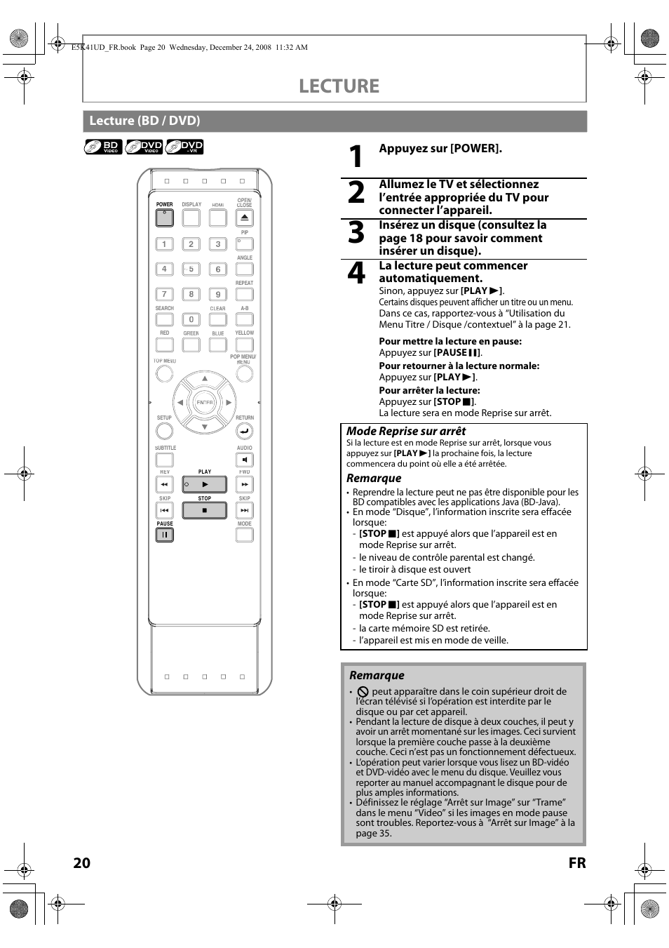 Lecture (bd / dvd), Lecture, 20 fr | Sylvania NB531SLX User Manual | Page 72 / 150