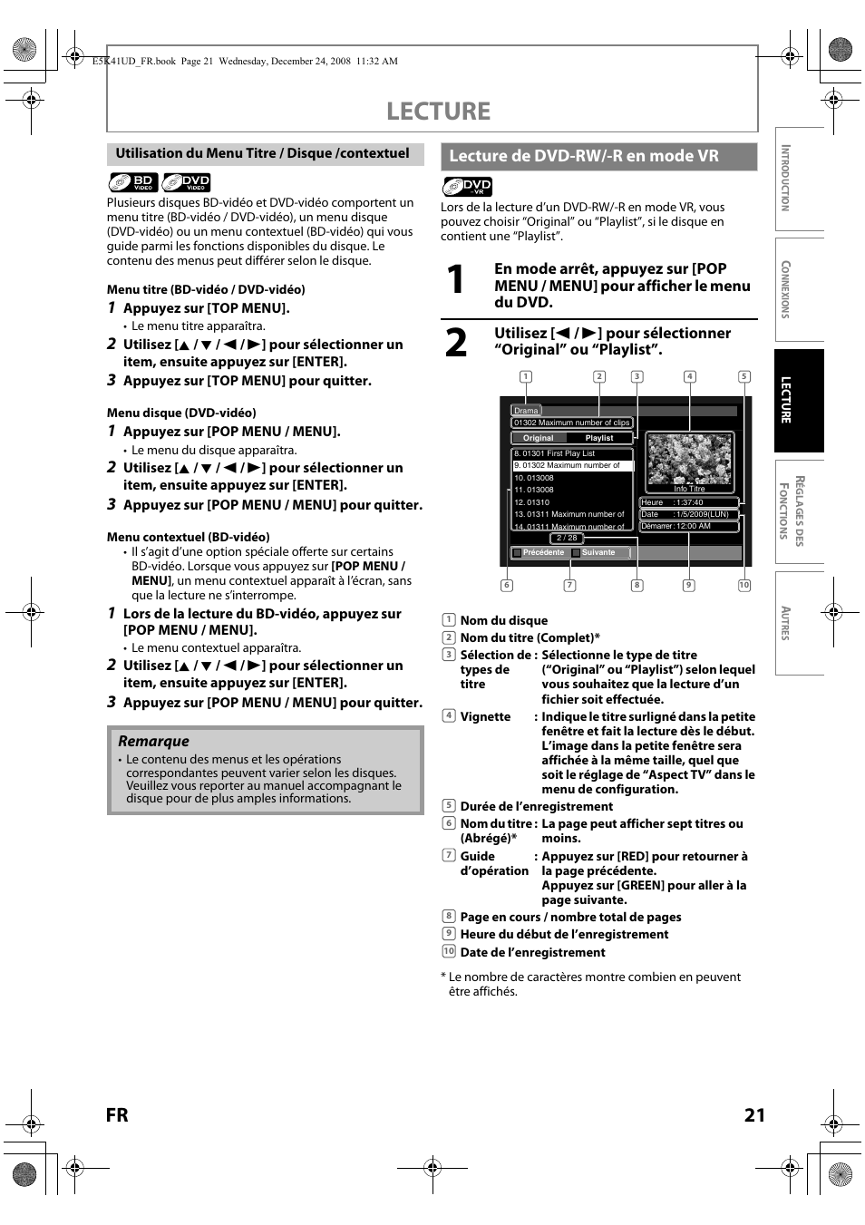 Lecture de dvd-rw/-r en mode vr, Lecture, 21 fr | Remarque | Sylvania NB531SLX User Manual | Page 73 / 150