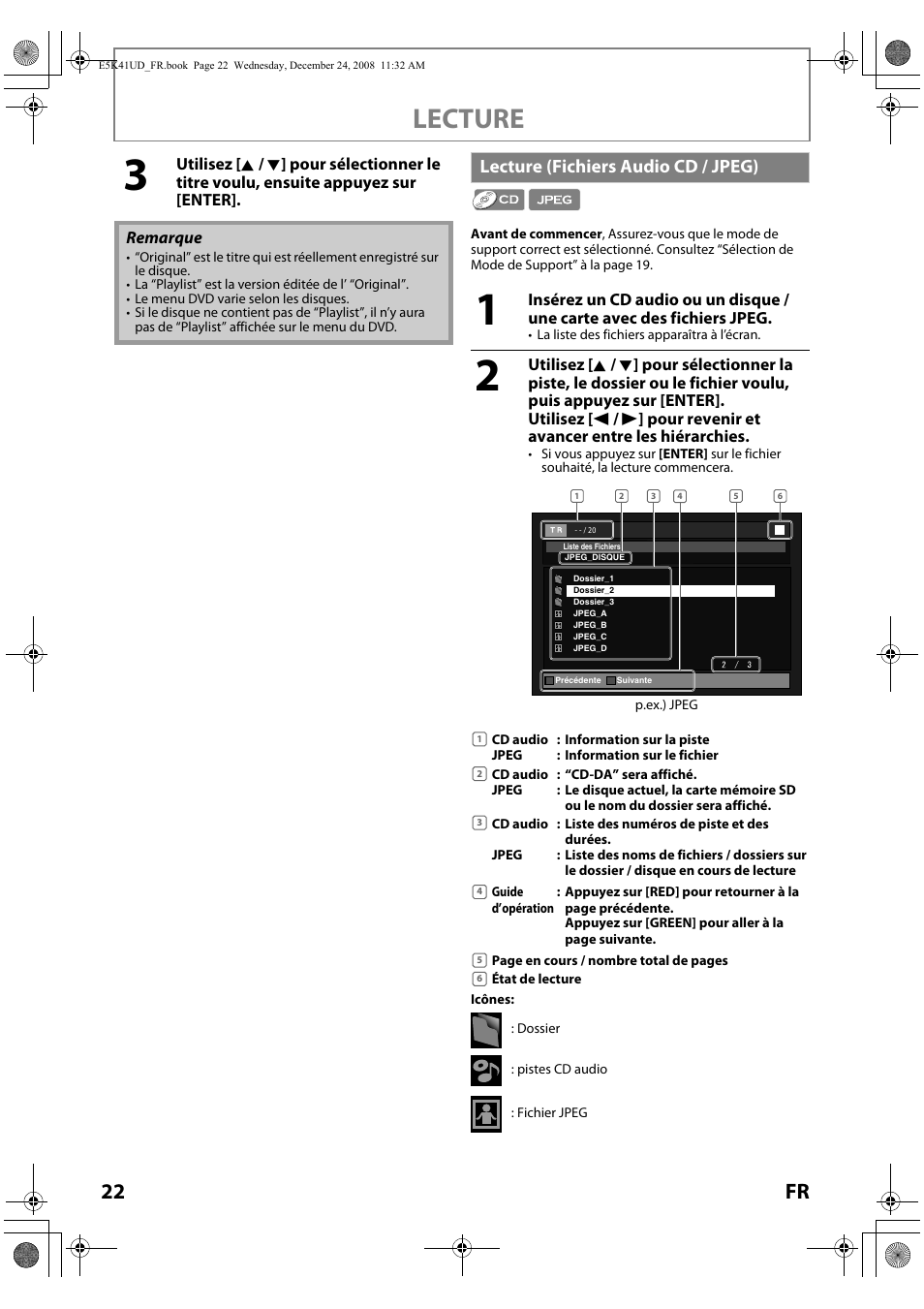 Lecture (fichiers audio cd / jpeg), Lecture, 22 fr | Sylvania NB531SLX User Manual | Page 74 / 150