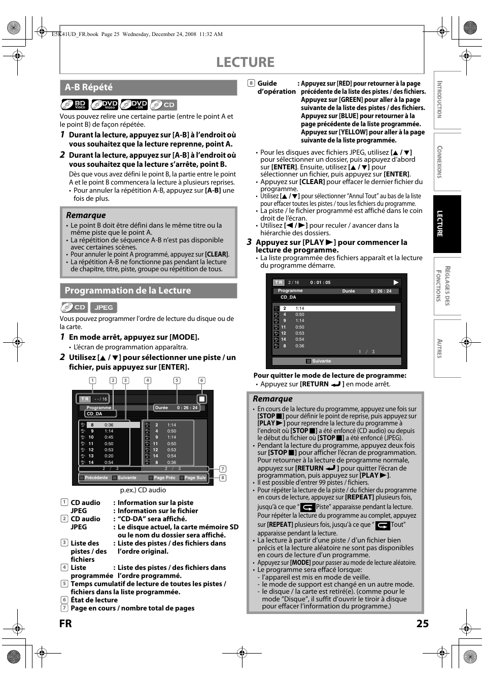 A-b répété programmation de la lecture, Lecture, 25 fr | A-b répété, Programmation de la lecture, Remarque | Sylvania NB531SLX User Manual | Page 77 / 150