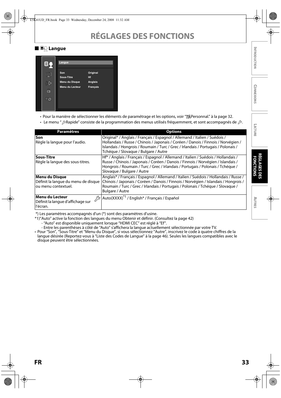 Langue, Réglages des fonctions, 33 fr | Slangue | Sylvania NB531SLX User Manual | Page 85 / 150