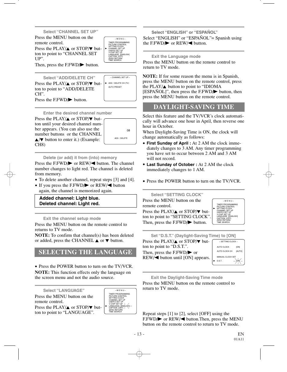 Selecting the language, Daylight-saving time | Sylvania W6313CC User Manual | Page 13 / 32