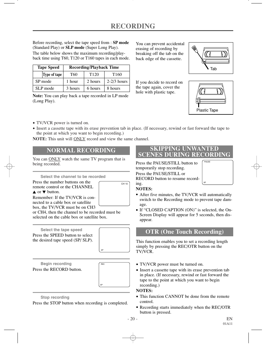 Recording, Normal recording, Skipping unwanted scenes during recording | Otr (one touch recording) | Sylvania W6313CC User Manual | Page 20 / 32