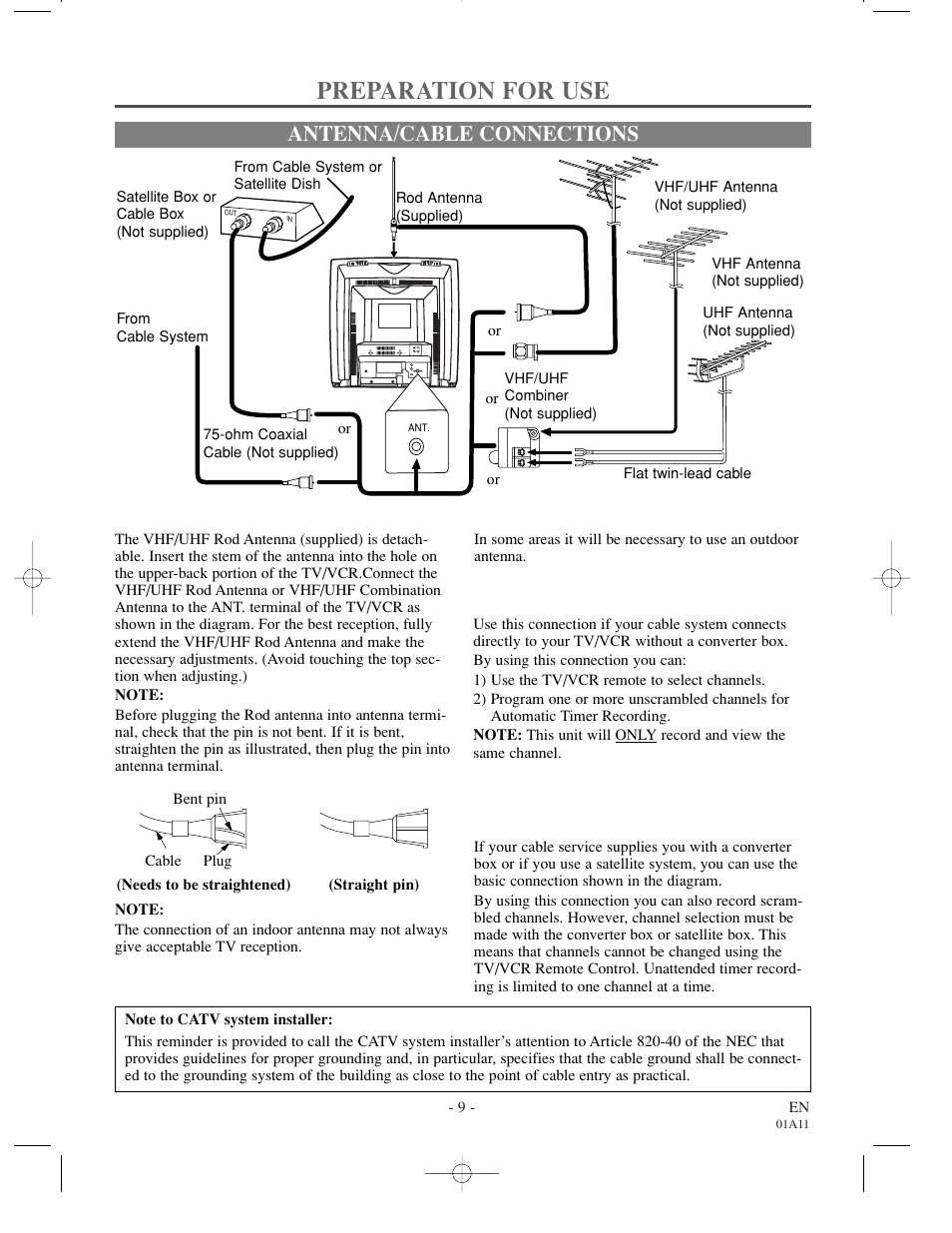 Preparation for use, Antenna/cable connections | Sylvania W6313CC User Manual | Page 9 / 32