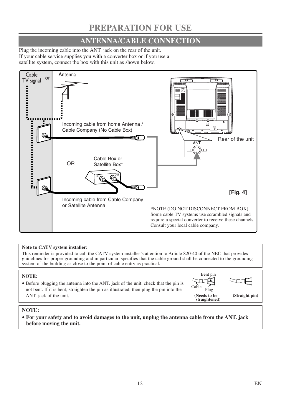 Preparation for use, Antenna/cable connection, Cable tv signal antenna or | Sylvania 6719DF User Manual | Page 12 / 56