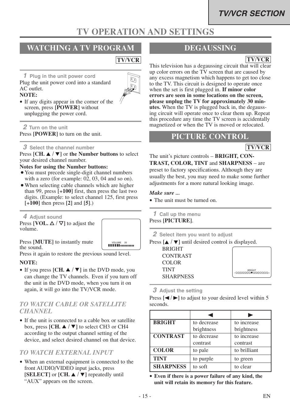 Tv operation and settings, Degaussing, Watching a tv program | Picture control, Tv/vcr | Sylvania 6719DF User Manual | Page 15 / 56