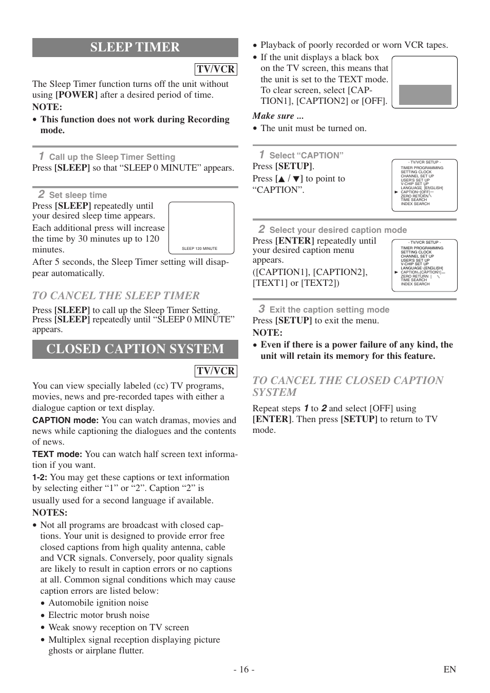 Closed caption system, Sleep timer | Sylvania 6719DF User Manual | Page 16 / 56