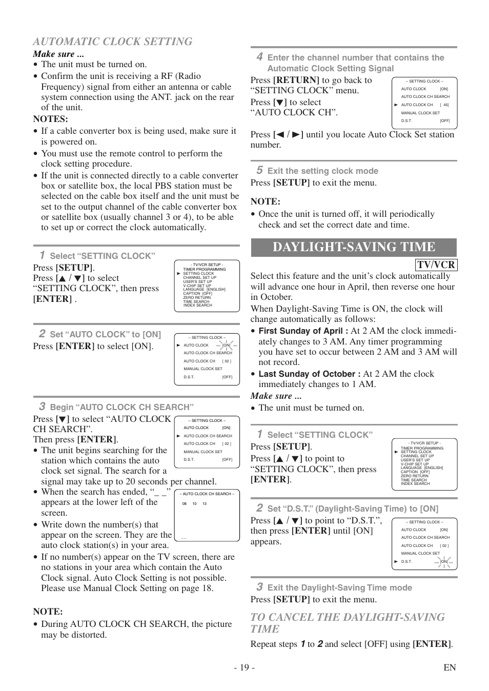 Daylight-saving time, Automatic clock setting, Tv/vcr | 19 - en, The unit must be turned on, Press [setup] to exit the menu, Repeat steps 1 to 2 and select [off] using [enter, Until you locate auto clock set station number, Make sure, Press [enter] to select [on | Sylvania 6719DF User Manual | Page 19 / 56