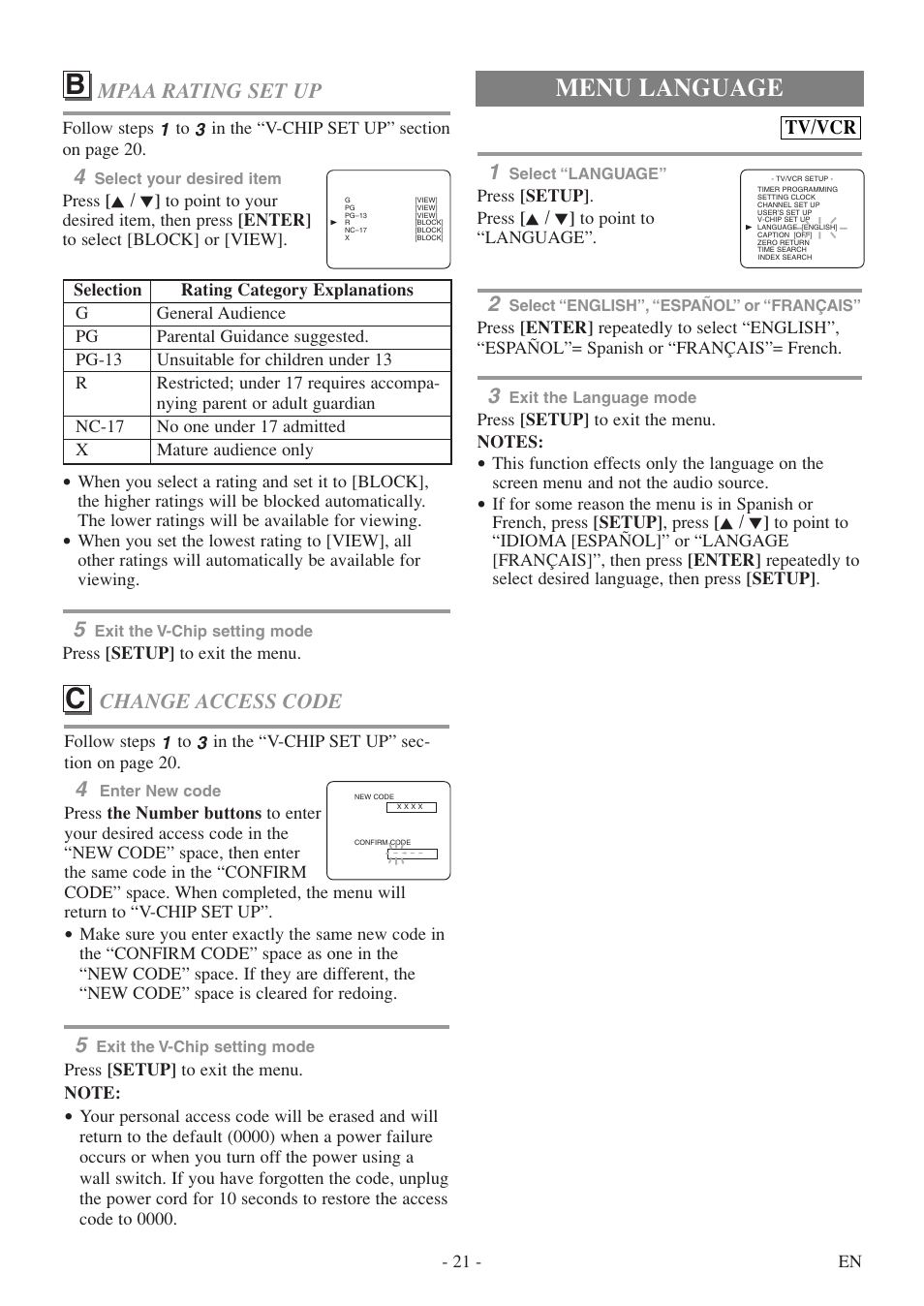Menu language, Change access code, Mpaa rating set up | Tv/vcr | Sylvania 6719DF User Manual | Page 21 / 56