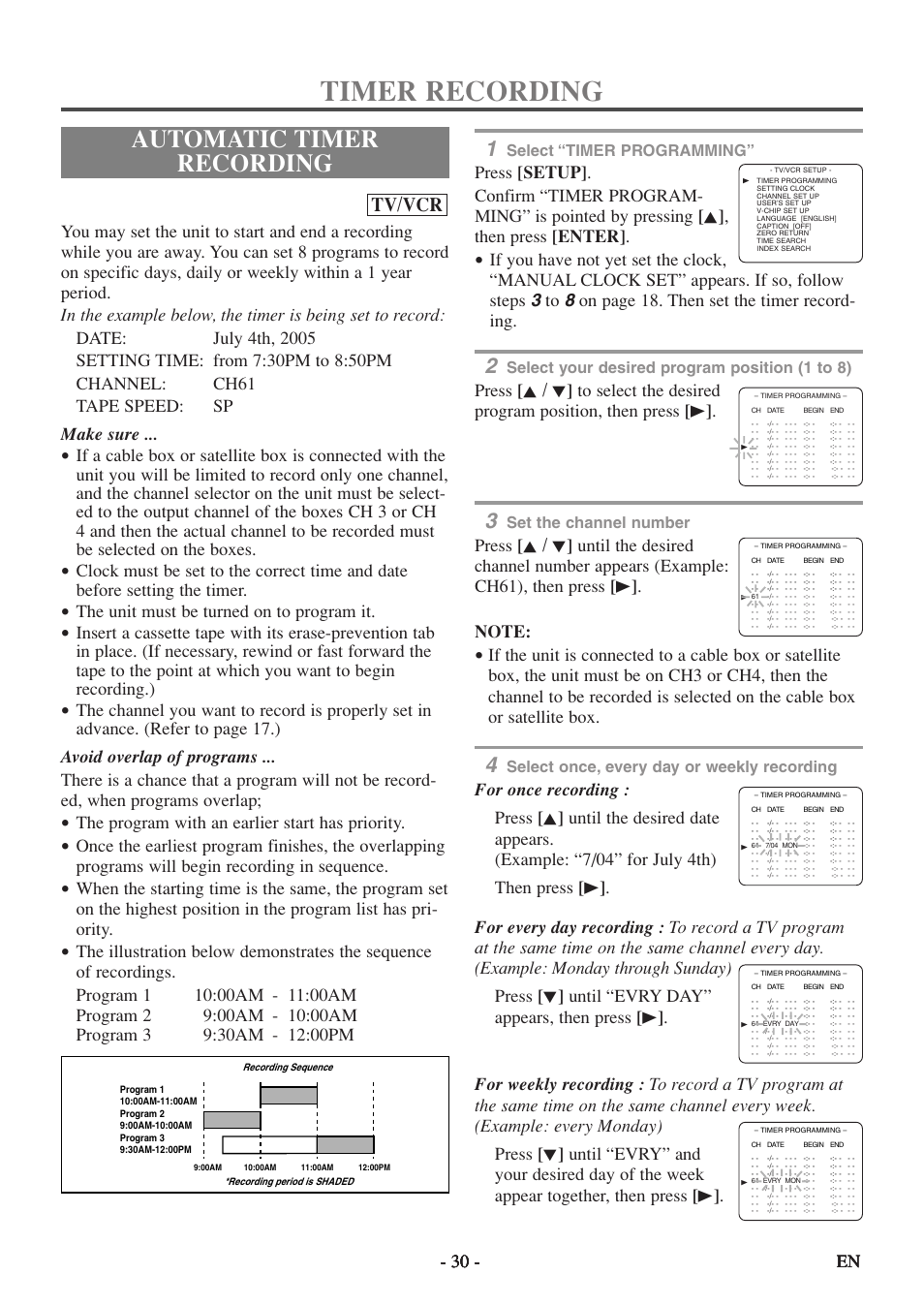 Timer recording, Automatic timer recording, Tv/vcr | The unit must be turned on to program it, The program with an earlier start has priority, Select “timer programming, Select your desired program position (1 to 8), Set the channel number, Select once, every day or weekly recording | Sylvania 6719DF User Manual | Page 30 / 56