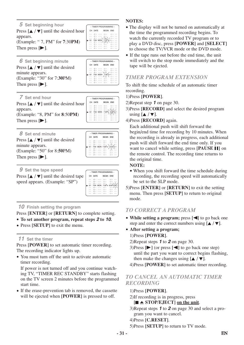 Timer program extension, Press [enter] or [return] to complete setting, Press [setup] to exit the menu | Set beginning hour, Set beginning minute, Set end hour, Set end minute, Set the tape speed, Finish setting the program, Set the timer | Sylvania 6719DF User Manual | Page 31 / 56