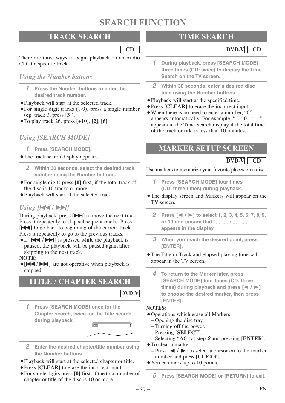 Search function, Track search, Title / chapter search | Time search, Marker setup screen, Using the number buttons, Using [search mode, Using [ h / g | Sylvania 6719DF User Manual | Page 37 / 56