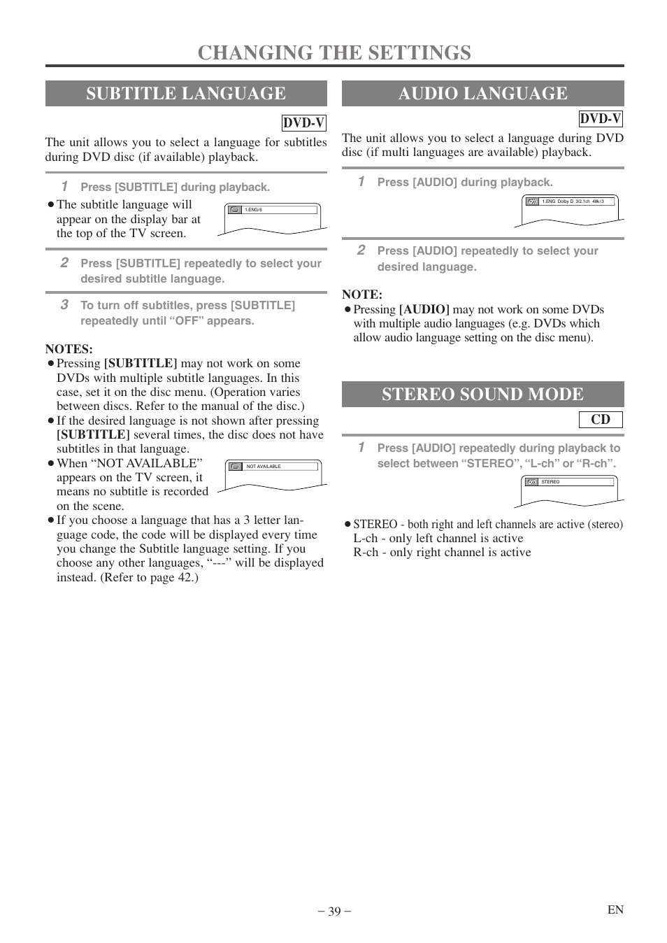 Changing the settings, Audio language, Stereo sound mode | Subtitle language, Dvd-v | Sylvania 6719DF User Manual | Page 39 / 56