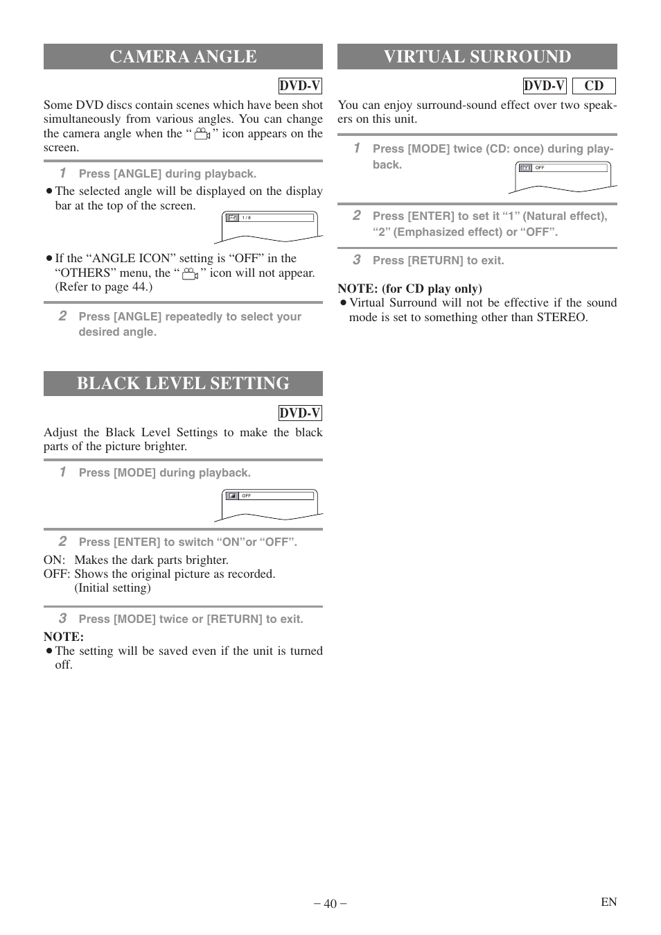 Camera angle, Black level setting, Virtual surround | Sylvania 6719DF User Manual | Page 40 / 56