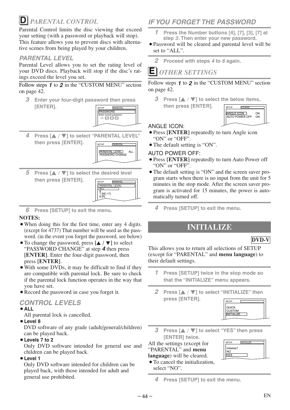 Initialize, Control levels, Parental control | If you forget the password, Other settings, Parental level, Dvd-v | Sylvania 6719DF User Manual | Page 44 / 56