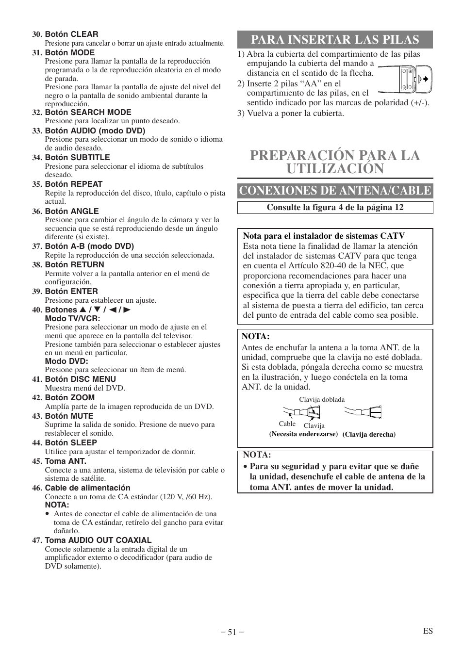 Preparación para la utilización, Para insertar las pilas, Conexiones de antena/cable | Sylvania 6719DF User Manual | Page 51 / 56