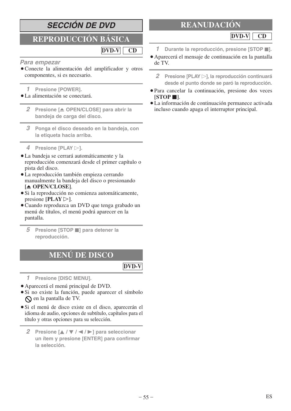 Sección de dvd reproducción básica, Menú de disco, Reanudación | Sylvania 6719DF User Manual | Page 55 / 56