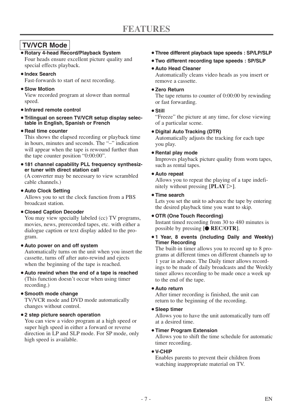 Features, Tv/vcr mode | Sylvania 6719DF User Manual | Page 7 / 56