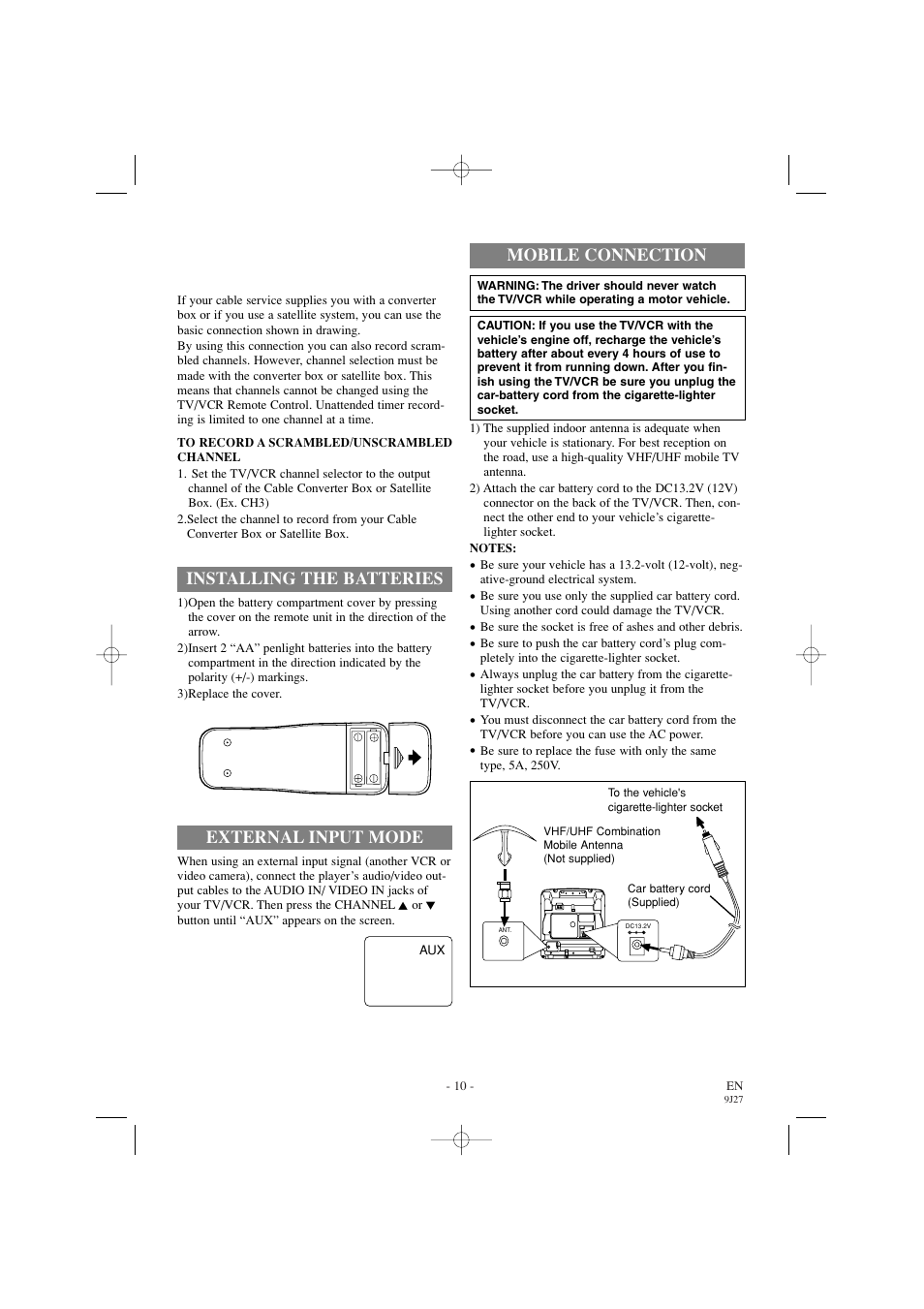 Installing the batteries, External input mode, Mobile connection | Sylvania 6309CC User Manual | Page 10 / 32