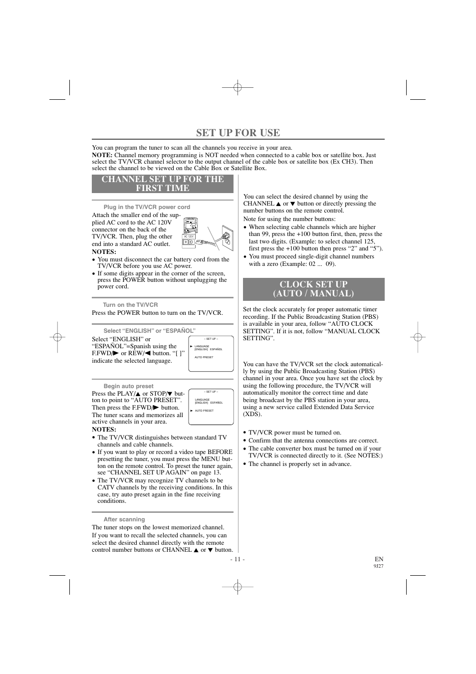 Set up for use, Channel set up for the first time, Clock set up (auto / manual) | Sylvania 6309CC User Manual | Page 11 / 32