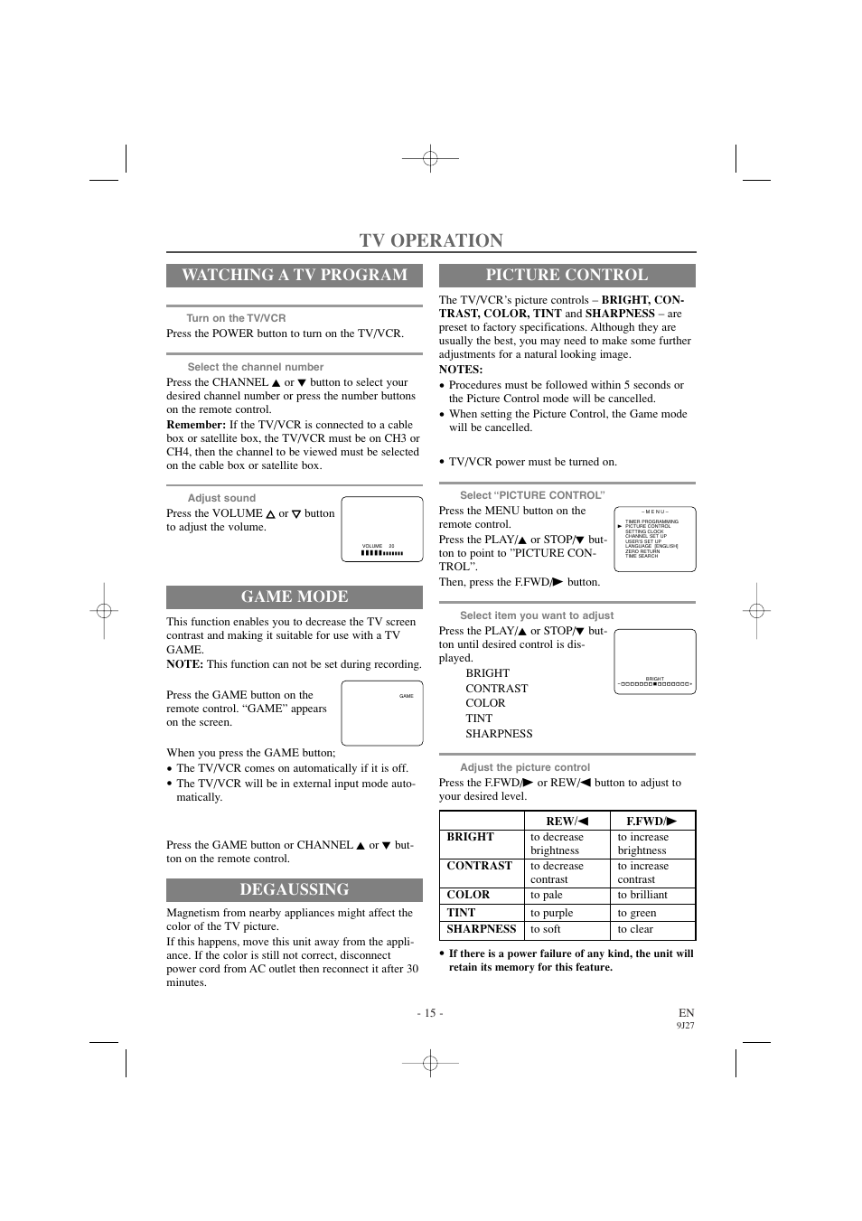 Tv operation, Watching a tv program, Game mode | Picture control, Degaussing | Sylvania 6309CC User Manual | Page 15 / 32