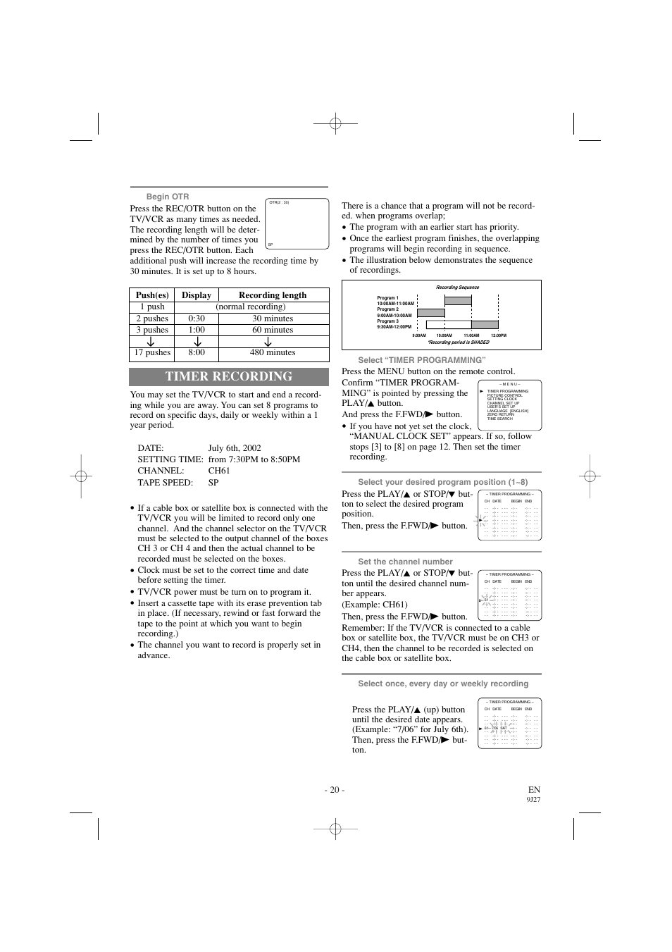 Timer recording, 20 - en, The program with an earlier start has priority | Tv/vcr power must be turn on to program it | Sylvania 6309CC User Manual | Page 20 / 32