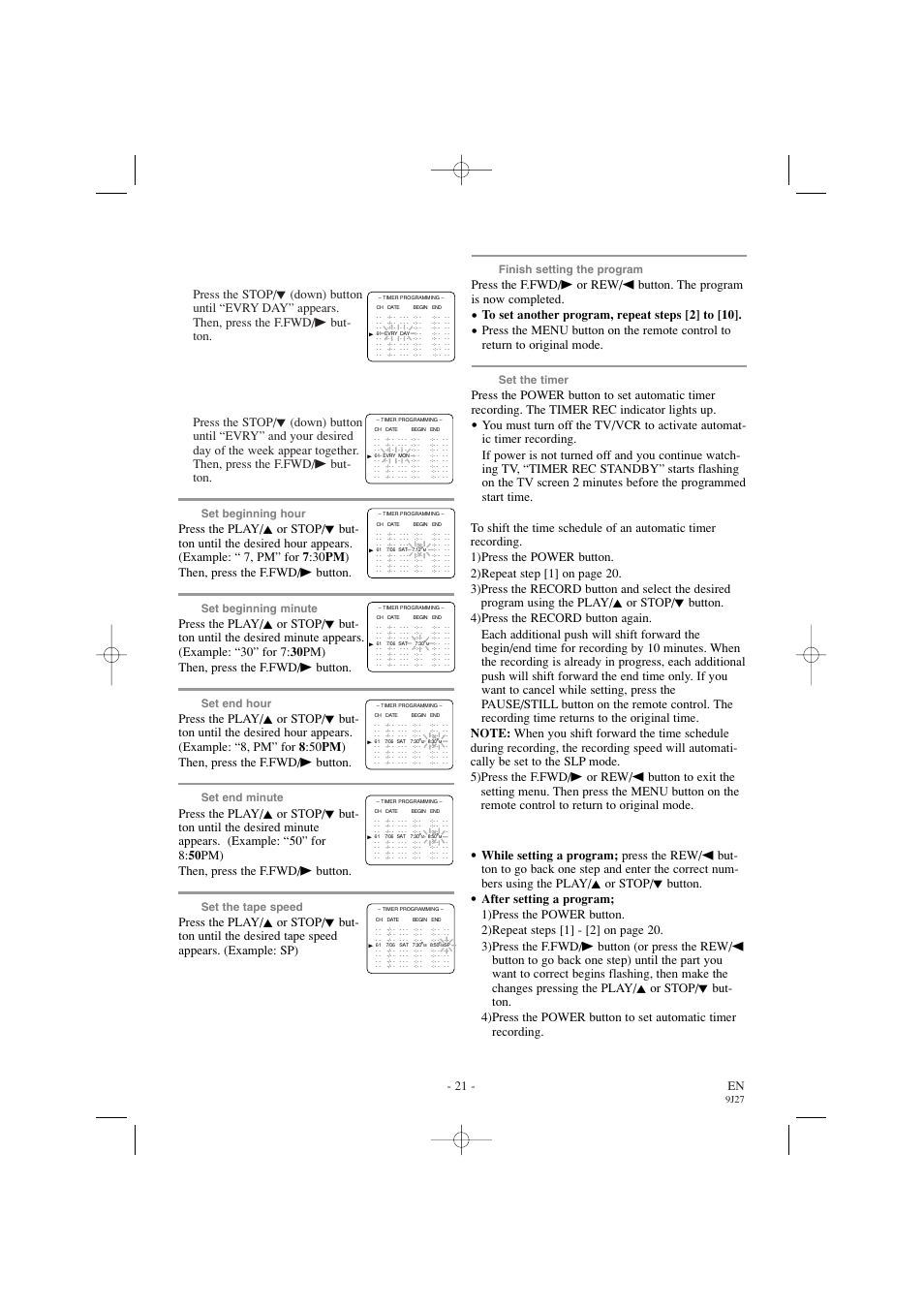 21 - en, Set beginning hour, Set beginning minute | Set end hour, Set end minute, Set the tape speed, Finish setting the program, Set the timer, 9j27 | Sylvania 6309CC User Manual | Page 21 / 32