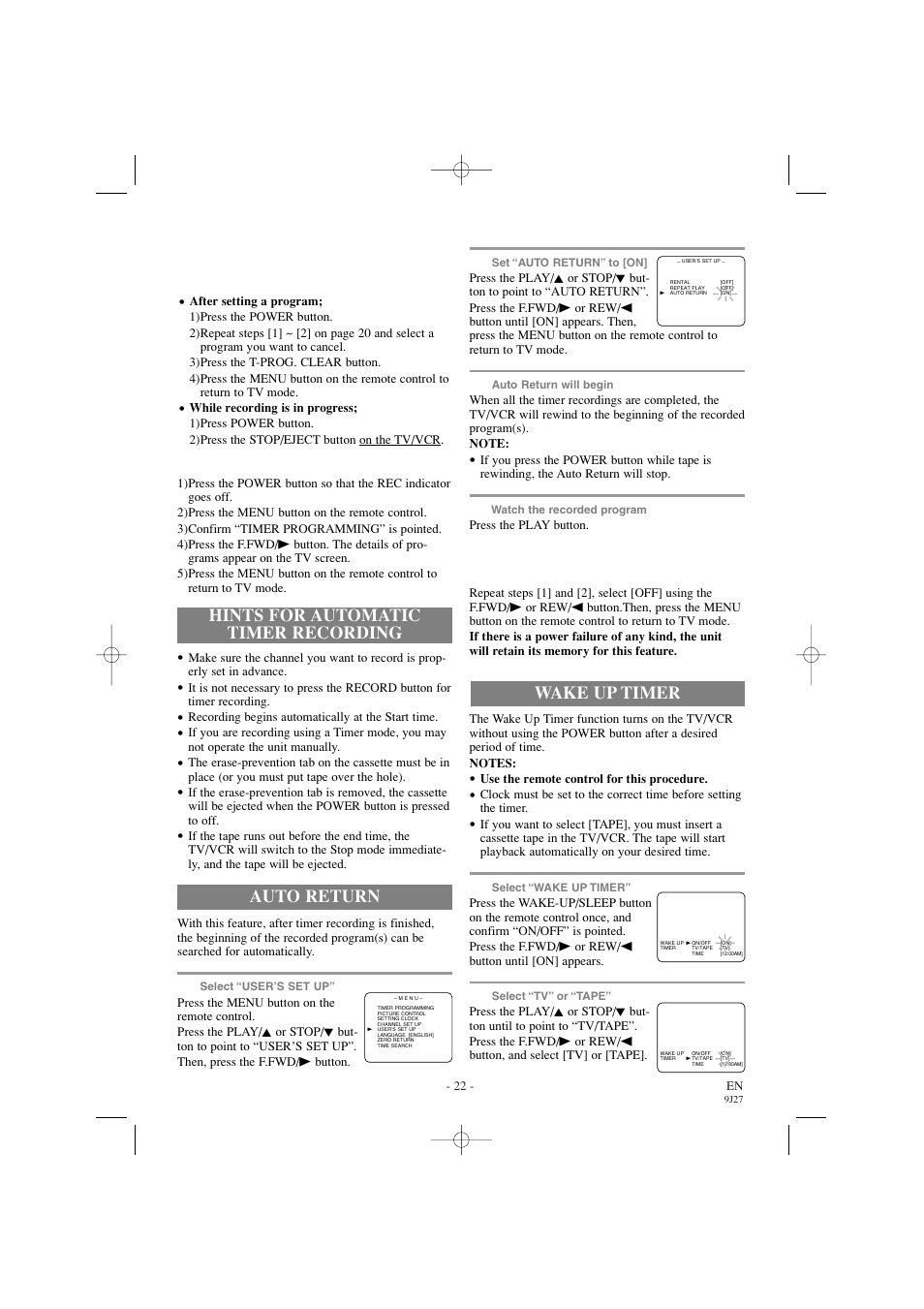 Hints for automatic timer recording, Auto return, Wake up timer | Sylvania 6309CC User Manual | Page 22 / 32