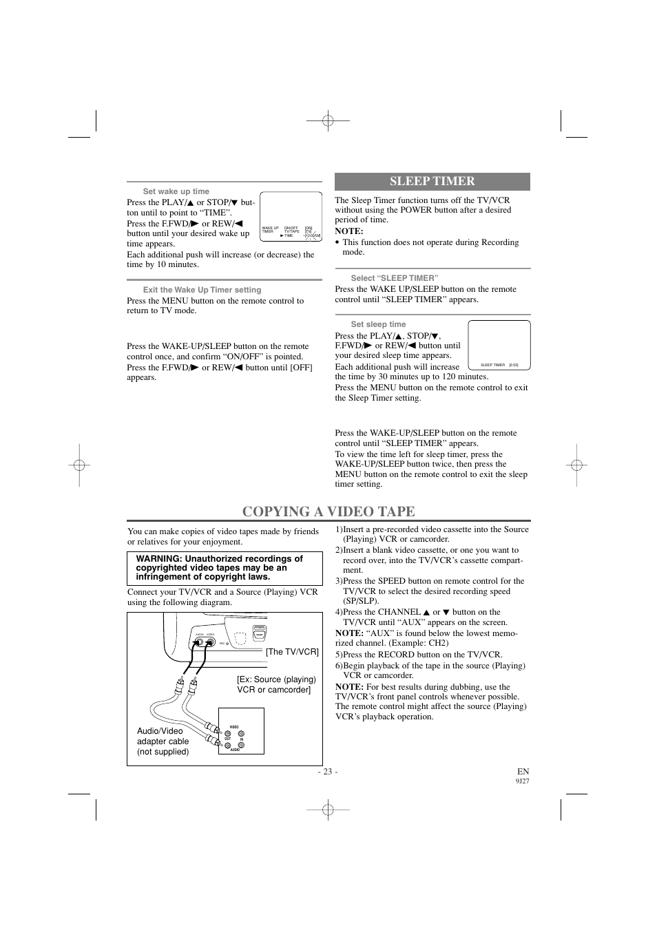 Copying a video tape, Sleep timer | Sylvania 6309CC User Manual | Page 23 / 32