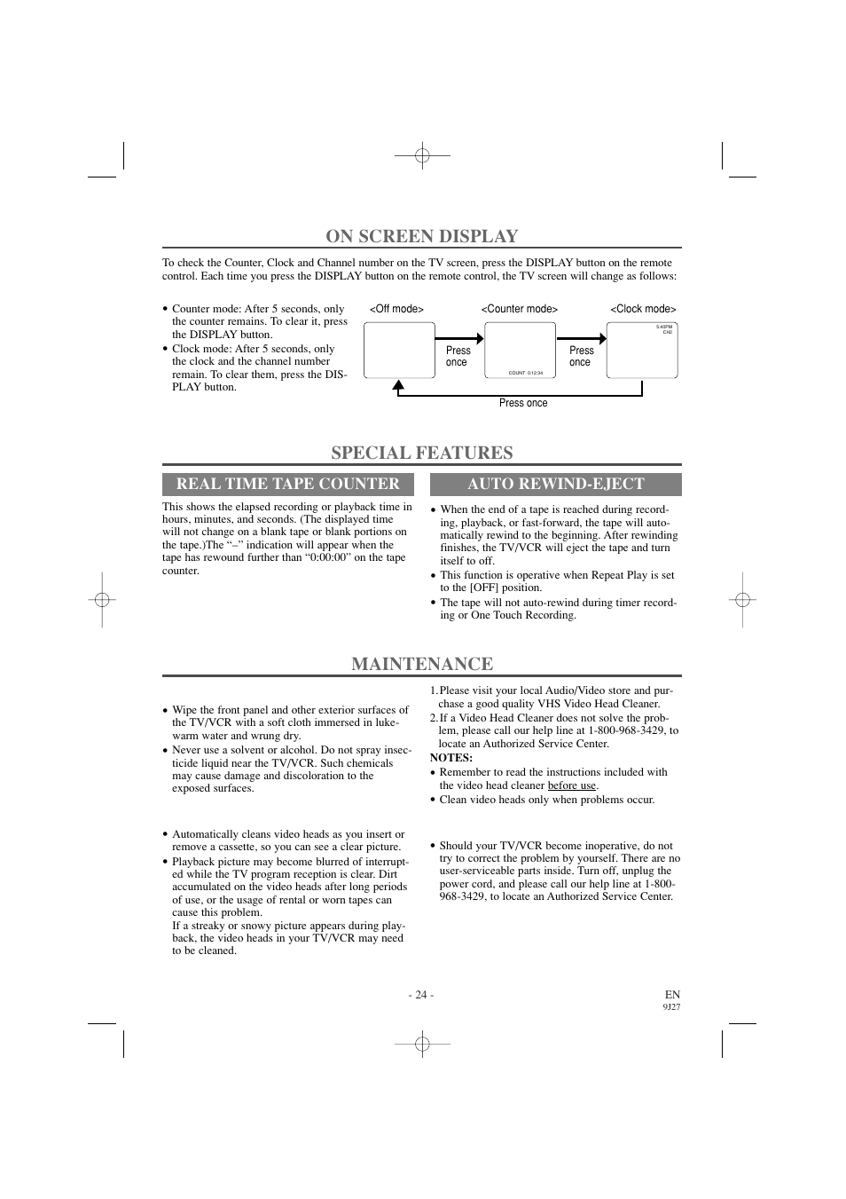 Maintenance, On screen display, Special features | Real time tape counter, Auto rewind-eject | Sylvania 6309CC User Manual | Page 24 / 32