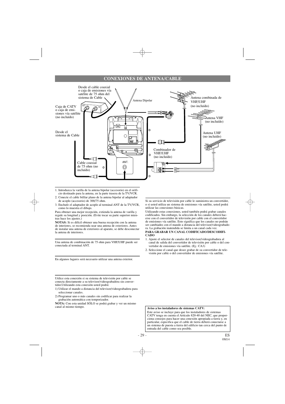 Conexion de la antena bipolar, Antena combinada de vhf/uhf, Antenas separadas de vhf/uhf | Cable sin convertidor/descodifi- cador, Conexiones de antena/cable | Sylvania 6309CC User Manual | Page 29 / 32