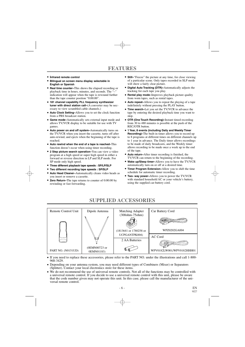 Features, Supplied accessories | Sylvania 6309CC User Manual | Page 6 / 32