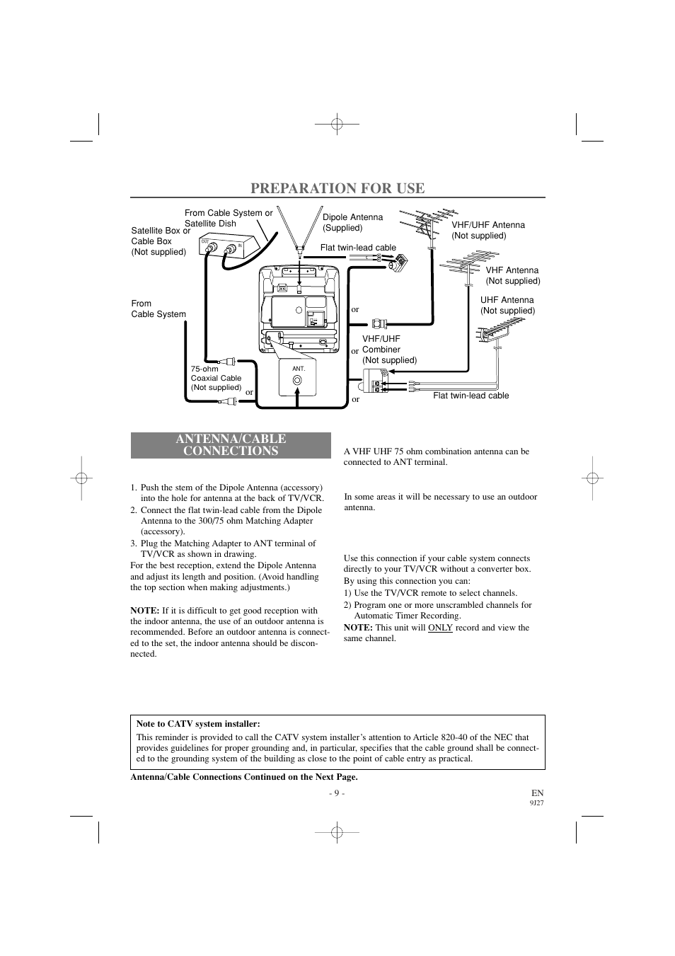 Preparation for use, Antenna/cable connections | Sylvania 6309CC User Manual | Page 9 / 32