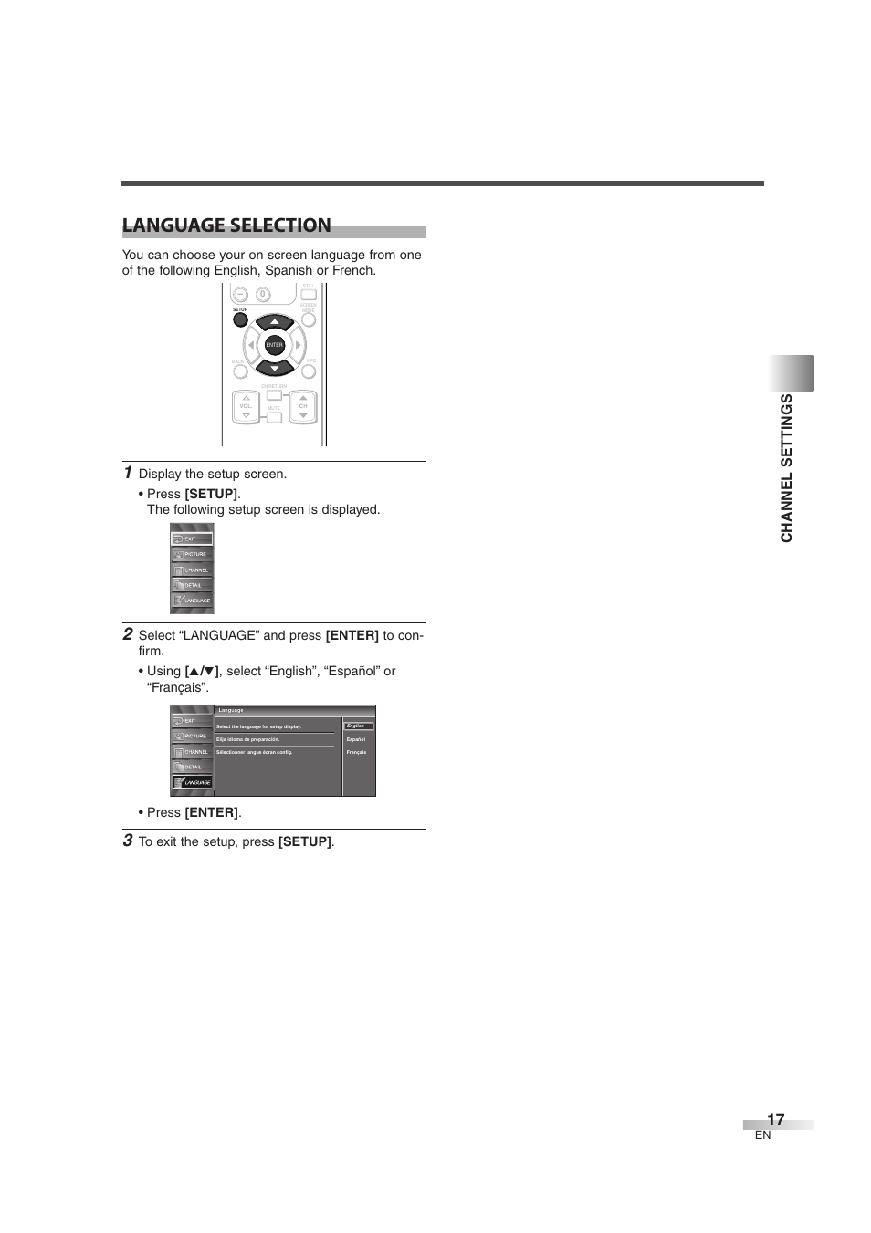 Language selection, Channel settings | Sylvania 6632LG User Manual | Page 17 / 72