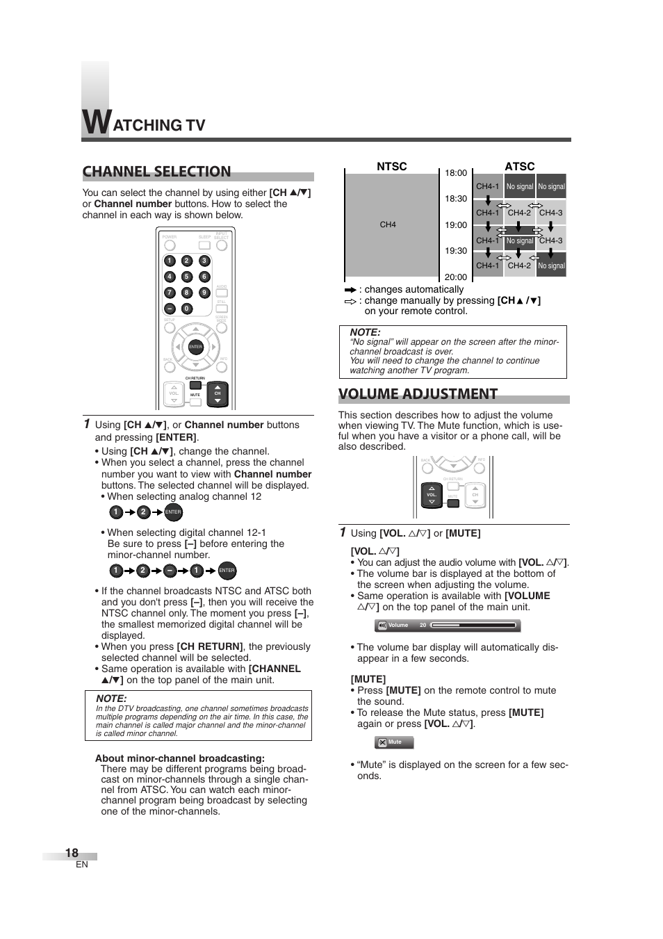 Channel selection, Volume adjustment, Atching tv | Atsc, Ntsc | Sylvania 6632LG User Manual | Page 18 / 72