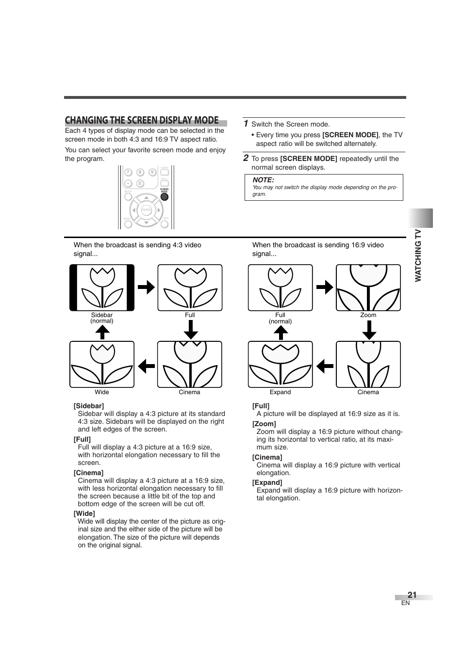 Changing the screen display mode, Wa tching tv | Sylvania 6632LG User Manual | Page 21 / 72