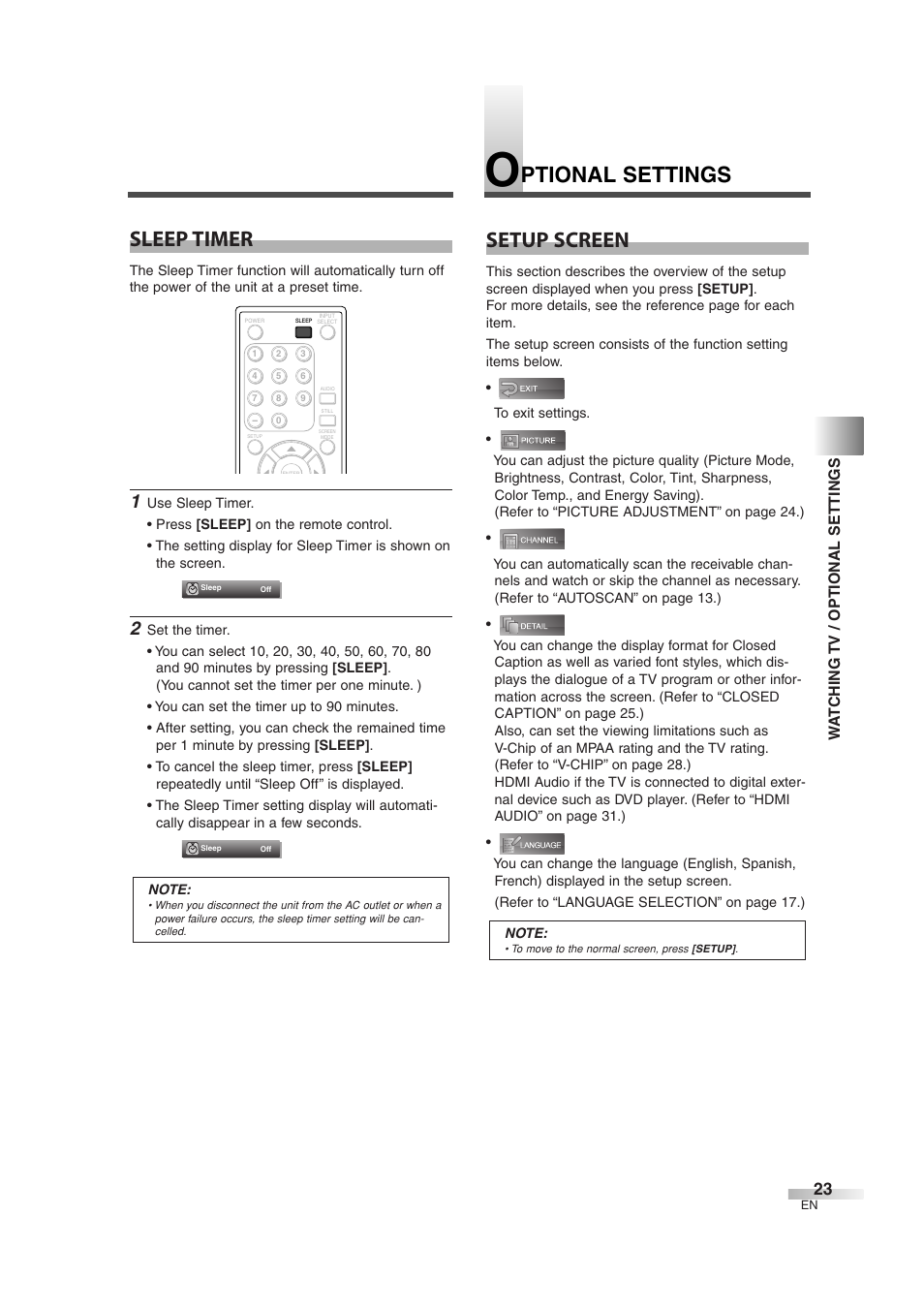 Ptional settings setup screen, Sleep timer | Sylvania 6632LG User Manual | Page 23 / 72