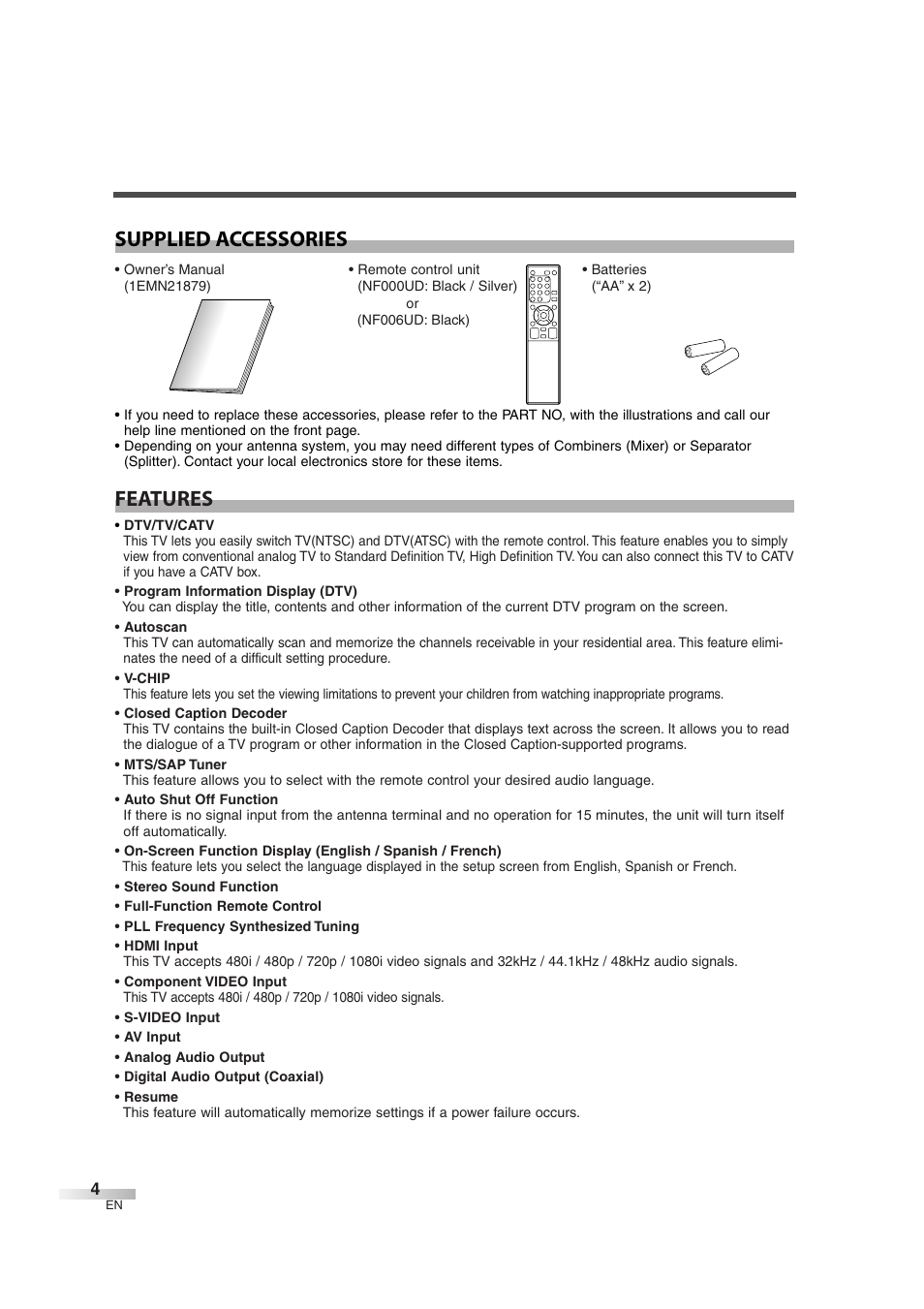 Features supplied accessories | Sylvania 6632LG User Manual | Page 4 / 72