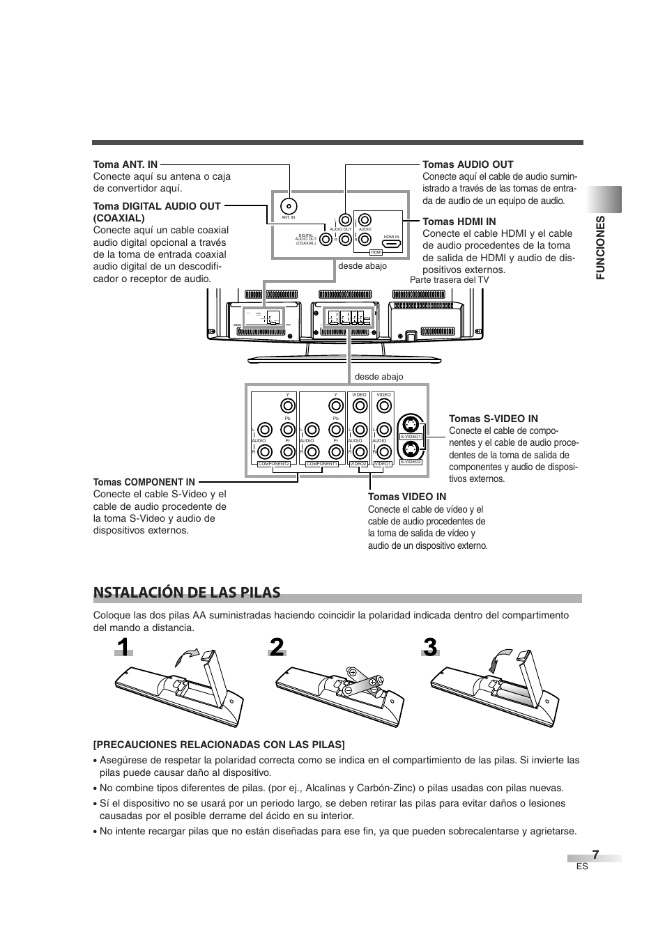 Nstalación de las pilas, Funciones | Sylvania 6632LG User Manual | Page 43 / 72