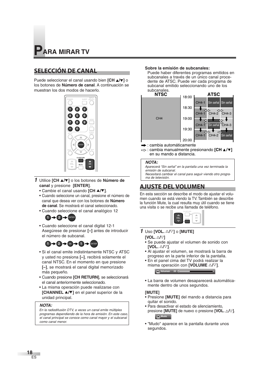 Ara mirar tv selección de canal, Ajuste del volumen, Atsc | Ntsc | Sylvania 6632LG User Manual | Page 54 / 72