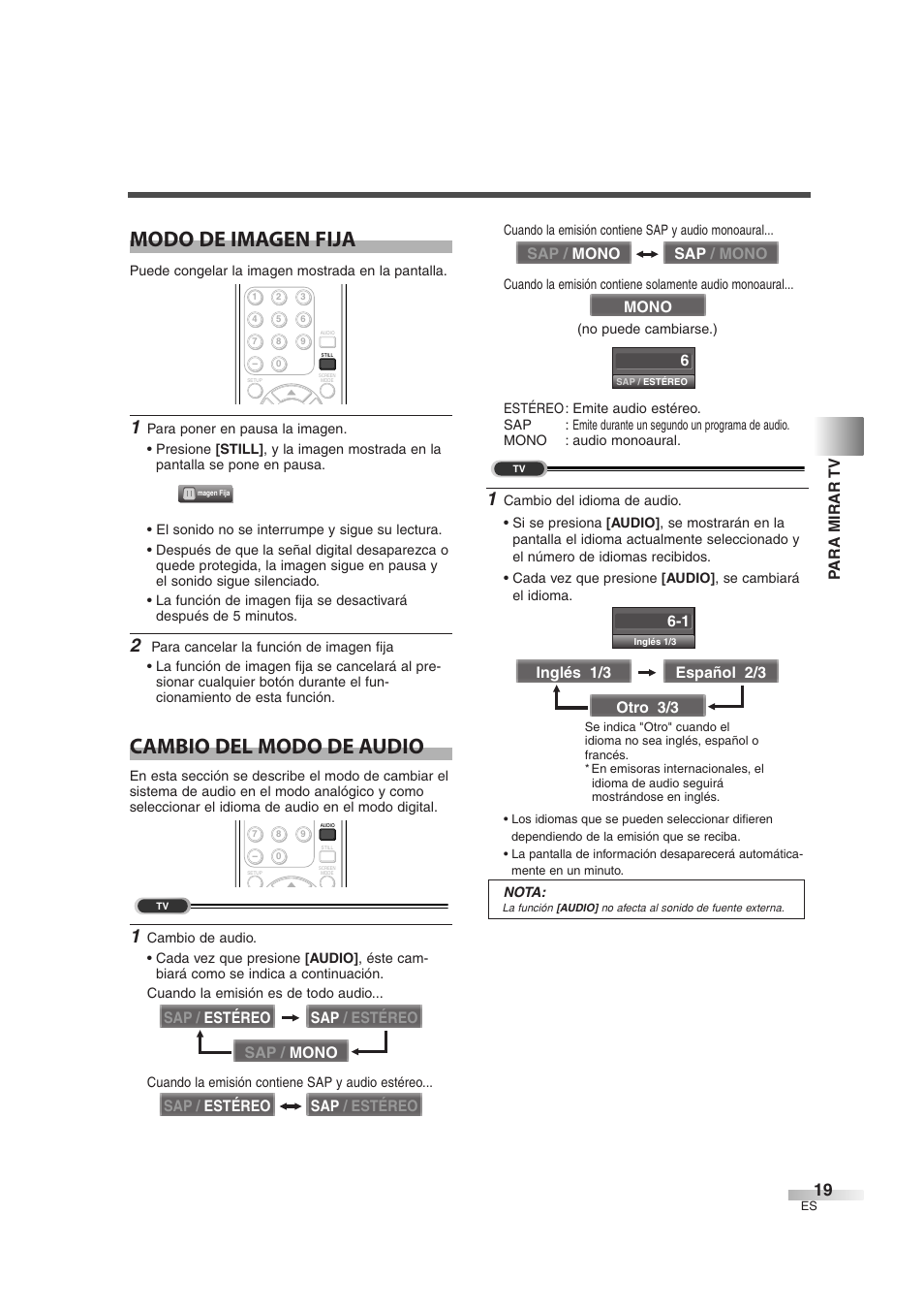 Modo de imagen fija, Cambio del modo de audio | Sylvania 6632LG User Manual | Page 55 / 72