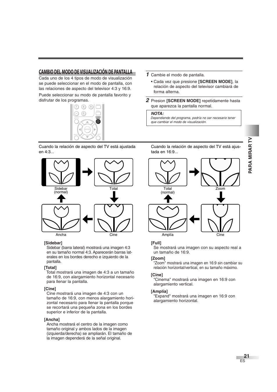 Cambio del modo de visualización de pantalla, Para mirar tv | Sylvania 6632LG User Manual | Page 57 / 72