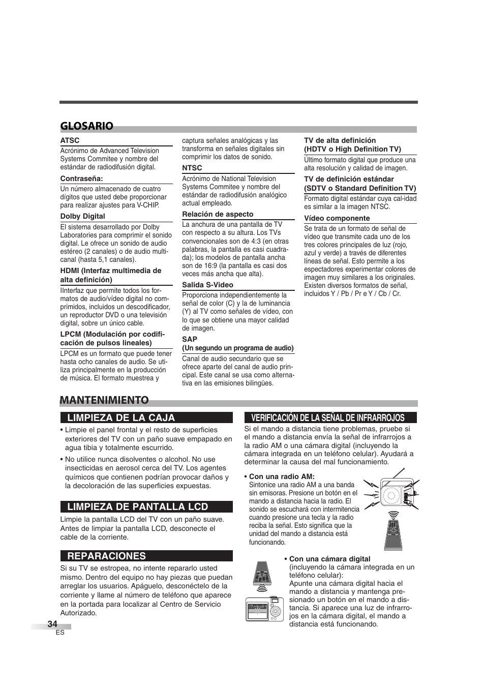 Mantenimiento glosario, Limpieza de la caja, Limpieza de pantalla lcd | Reparaciones, Verificación de la señal de infrarrojos | Sylvania 6632LG User Manual | Page 70 / 72