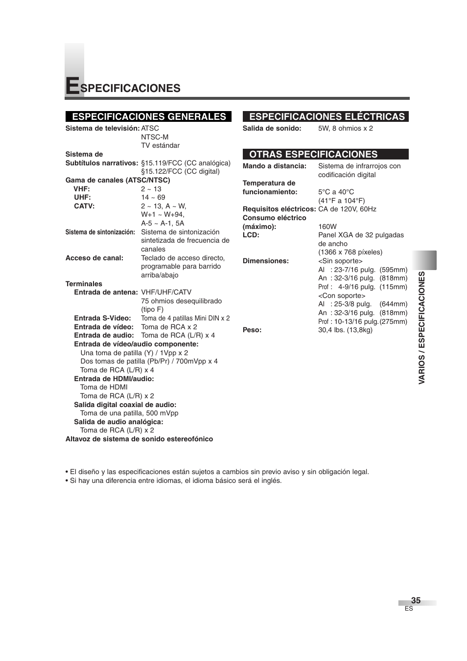 Specificaciones, Especificaciones generales, Especificaciones eléctricas | Otras especificaciones | Sylvania 6632LG User Manual | Page 71 / 72