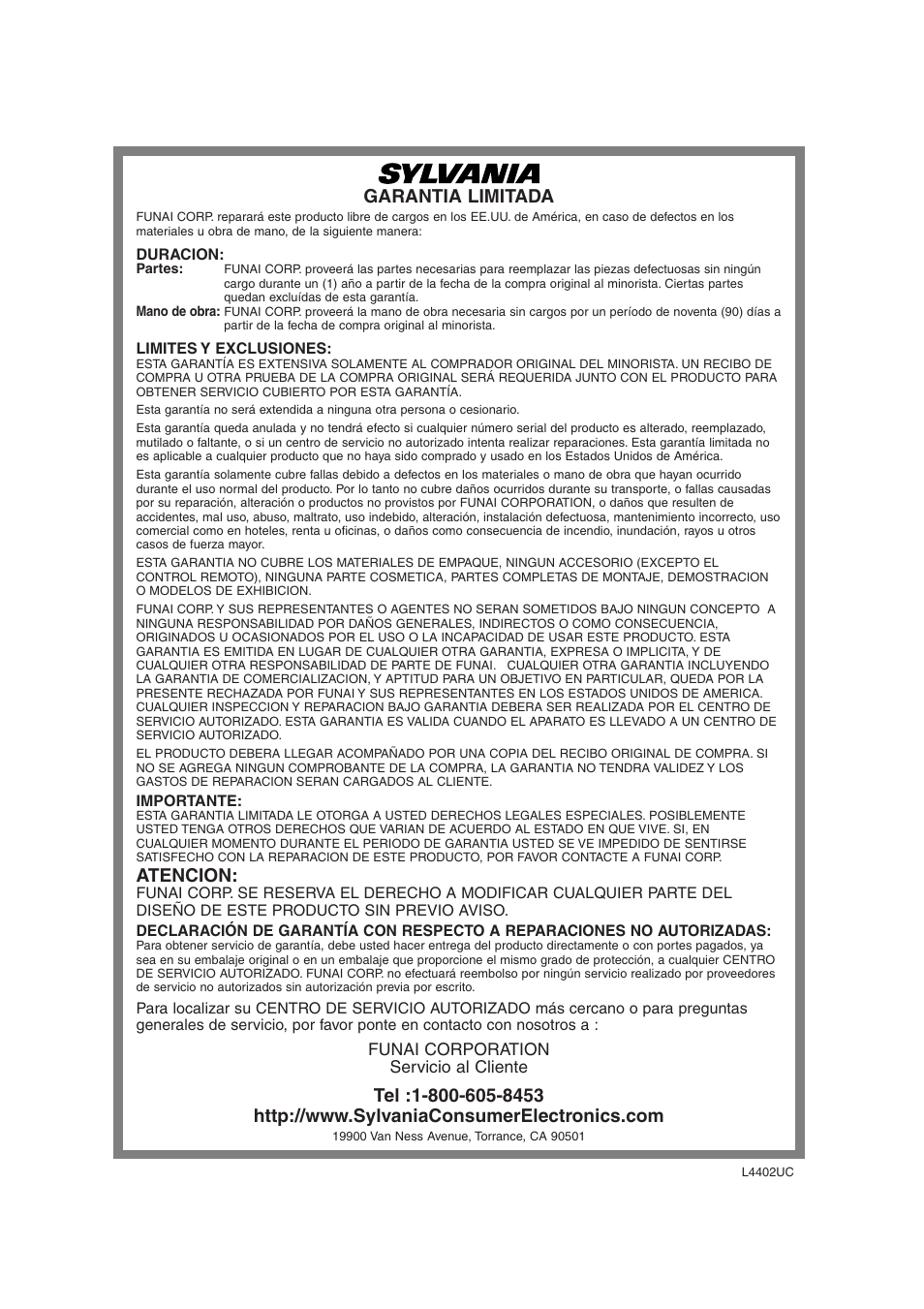 Garantia limitada, Atencion | Sylvania 6632LG User Manual | Page 72 / 72