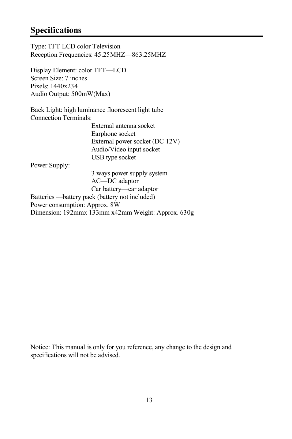 Specifications | Hyundai H-LCD700 User Manual | Page 13 / 26