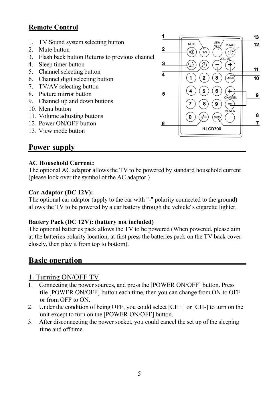 Power supply, Basic operation | Hyundai H-LCD700 User Manual | Page 5 / 26