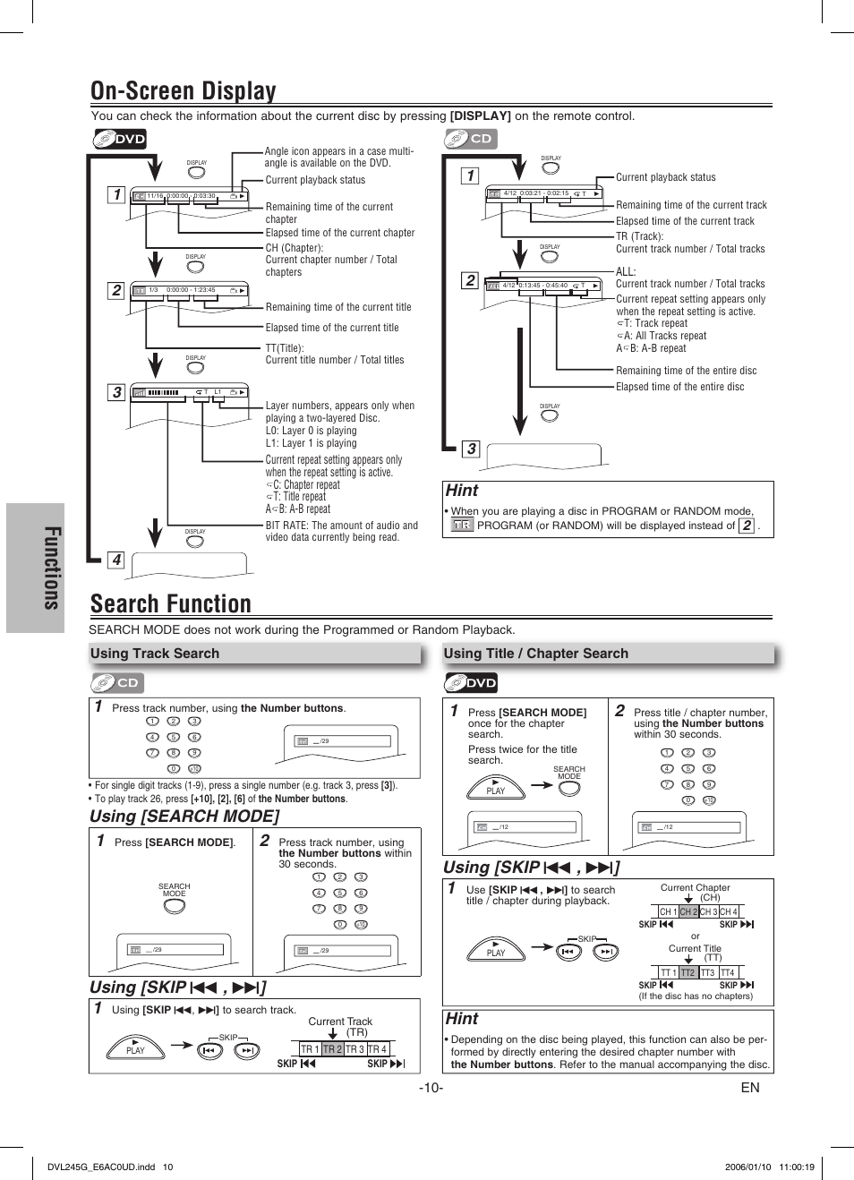 On-screen display, Search function, Functions | Hint, Using [search mode, Using [skip h , g, Using track search, Using title / chapter search | Sylvania DVL245G User Manual | Page 10 / 20